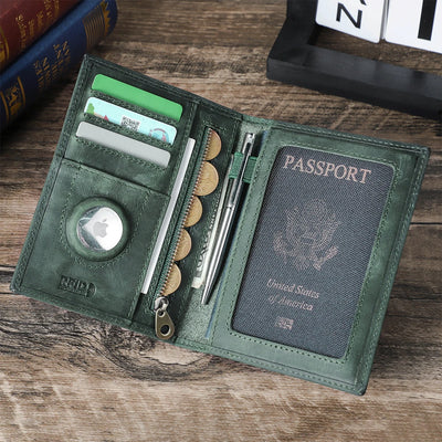 Leather Travel Passport Wallet with Airtag and RFID Blocking