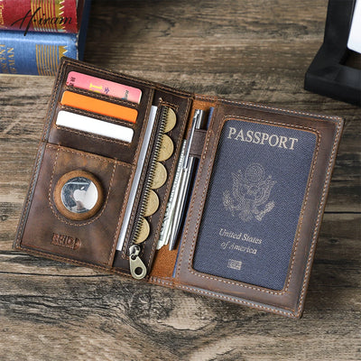 Leather Travel Passport Wallet with Airtag and RFID Blocking