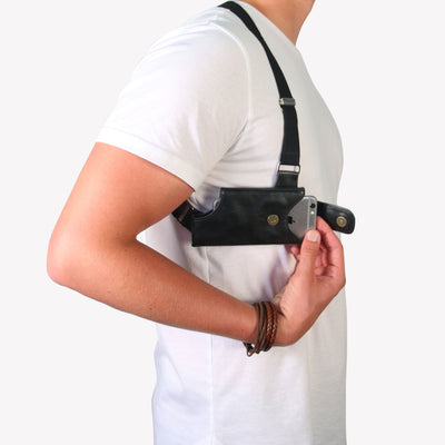 Cell Phone Leather Shoulder Holster (T-FIT) - Black + FREE ID Display Wallet Upgrade - LD West